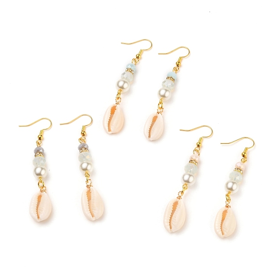 Natural Cowrie Shell Dangle Earring, with Glass Beads, Brass Rhinestone Beads and Brass Earring Hooks, Golden