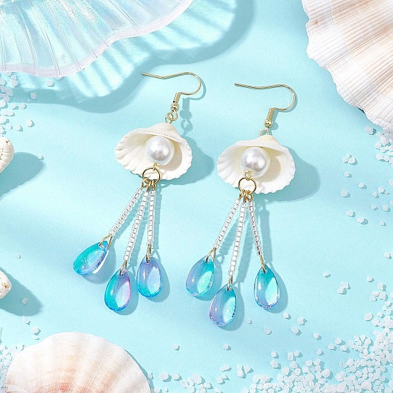 Серьги-подвески из стекла и натуральных ракушек, серьги-кисточки из стеклянных бусин ручной работы, форма капли и ракушки, с имитацией жемчуга