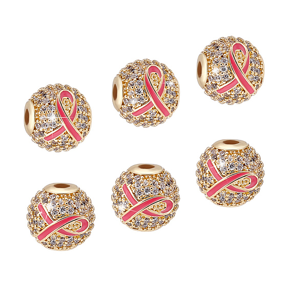 6Pcs Brass Micro Pave Cubic Zirconia Beads, Enamel Style, Round