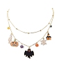 Brass Satellite Chains Double Layer Necklace, Skeleton & Pumpkin & Bat Alloy Enamel Charms Halloween Necklace for Women
