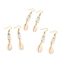 Natural Cowrie Shell Dangle Earring, with Glass Beads, Brass Rhinestone Beads and Brass Earring Hooks, Golden