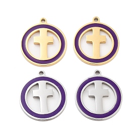 Ion Plating(IP) 304 Stainless Steel Enamel Pendants, Flat Round with Cross Charm