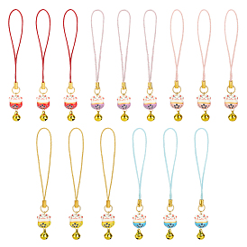 Подвесные украшения из фарфоровых бусин ручной работы с принтом, с латунными подвесками-колокольчиками для телефонных цепочек на руку, форма кошки, золотые