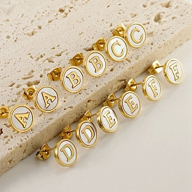 Natural Shell Initial Letter Stud Earrings, Golden Titanium Steel Jewelry for Women