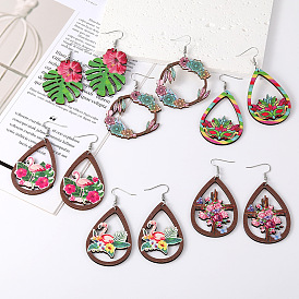 Vintage Wooden Teardrop Flower Earrings with Flamingo Cutout and Turtle Leaf Design