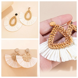 Rattan Triangle/Round/Teardrop Stud Earrings, with Metal Pins, Woven Raffia Tassel Earring, Bohemia Style Dangle Earrings for Women