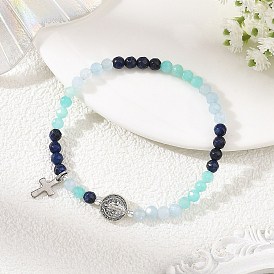 Bracelet extensible à perles rondes facettées en pierre naturelle dégradée, orné d'une médaille de Saint Benoît en alliage., 304 Bracelets à breloques croix religieuses miniatures en acier inoxydable, argent antique et la couleur de l'acier inoxydable