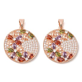 Brass Micro Pave Cubic Zirconia Pendants, Long-Lasting Plated, Rose Gold, Flat Round with Flower Charm
