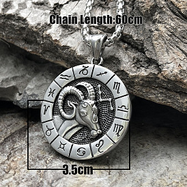 Плоский круглый с гравировкой двенадцати созвездий сплав кулон ожерелье для женщин мужчин, античное серебро