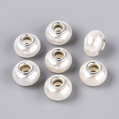 Perles européennes imitation perle en résine, perles de rondelle avec grand trou , avec des noyaux de cuivre