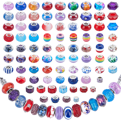 Acrylic & Resin & Polymer Clay Rhinestone European Beads, Large Hole Beads, with Silver Color Double Core, Rondelle & Column