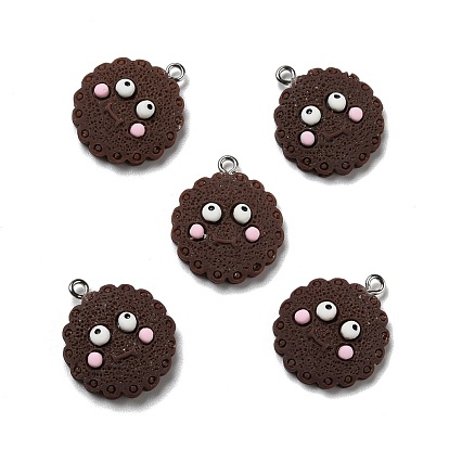 Opaque Resin Pendants, with Platinum Tone Iron Loops, Imitation Food, Biscuits with Face