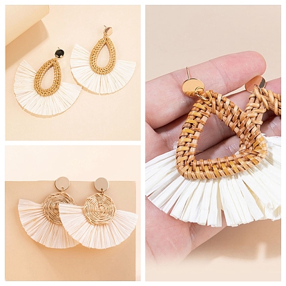 Rattan Triangle/Round/Teardrop Stud Earrings, with Metal Pins, Woven Raffia Tassel Earring, Bohemia Style Dangle Earrings for Women