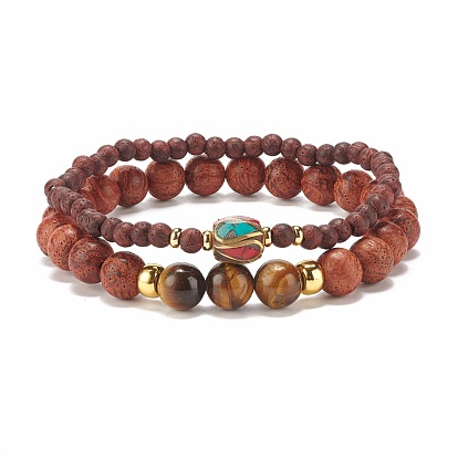 2Stk.-Stil Naturdracaena Draco (Drachenbaum) Holz & gemischte Edelstein-Stretch-Armbänder für Frauen