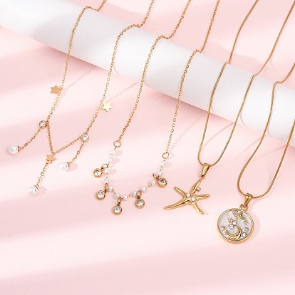 304 ожерелья из нержавеющей стали со стразами для женщин, с эмалированными/искусственными жемчужными бусинами