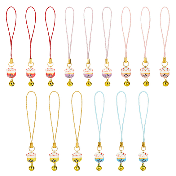 Подвесные украшения из фарфоровых бусин ручной работы с принтом, с латунными подвесками-колокольчиками для телефонных цепочек на руку, форма кошки, золотые