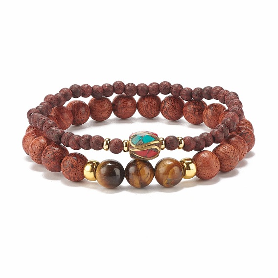 2Pcs 2 Style Natural Dracaena Draco(Dragon Tree) Wood & Mixed Gemstone Stretch Bracelets Set for Women