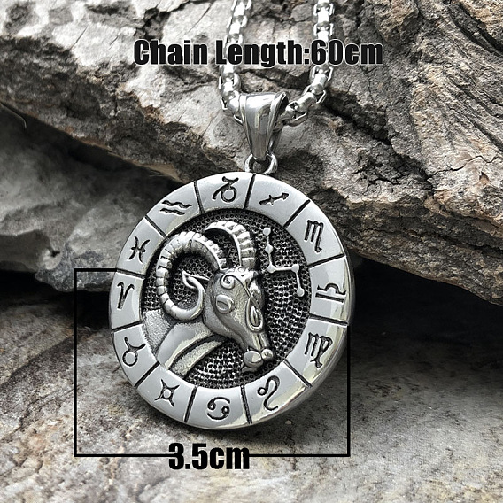 Плоский круглый с гравировкой двенадцати созвездий сплав кулон ожерелье для женщин мужчин, античное серебро