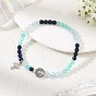Gradient Natural Mixed Stone Faceted Round Beaded Stretch Bracelets with Alloy Saint Benedict Medal, 304 Stainless Steel Tiny Religion Cross Charm Bracelets, Antique Silver & Stainless Steel Color