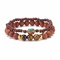 2Pcs 2 Style Natural Dracaena Draco(Dragon Tree) Wood & Mixed Gemstone Stretch Bracelets Set for Women