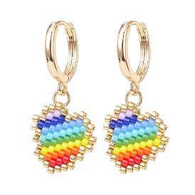 Rainbow Color Japanese Seed Braided Heart Dangle Hoop Earrings, Brass Jewelry for Women