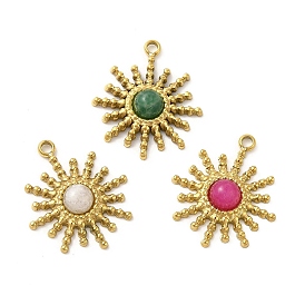 Natural Gemstone Pendants, Sun Charms, with Vacuum Plating Real 18K Gold Plated 201 Stainless Steel Findings