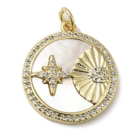 Brass Micro Pave Cubic Zirconia Pendants, with Shell, Flat Round
