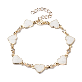 Brass Enamel Heart Link Chain Bracelet with Cubic Zirconia