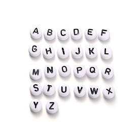 Буквы алфавита акриловые бусины, плоско-круглые, 7x4 мм, отверстие : 1 мм