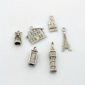 Vintage Alloy Building Pendants, Eiffel Tower, Castle, Telephone Booth, Windmill, Big Ben and House Charms, 20~36x10~24.5x2~8mm, Hole: 1.5~2.5mm, 6pcs/set