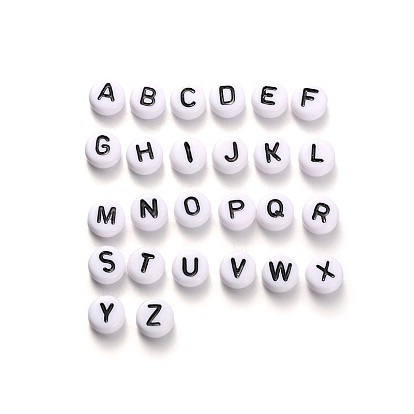 Letter A~Z Alphabet Acrylic Beads, Flat Round, 7x4mm, Hole: 1mm