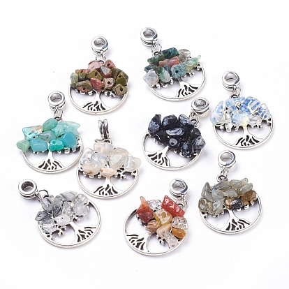 Mixed Stone European Dangle Charms, with Tibetan Style Alloy Pendants and Hangers, Iron Jump Rings, Flat Round with Tree