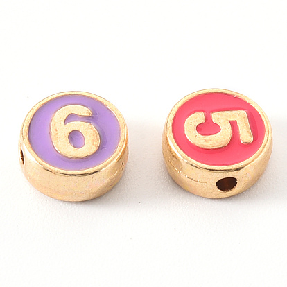 Alloy Enamel Beads, Flat Round, Number 0~9, Cadmium Free & Lead Free, Light Gold