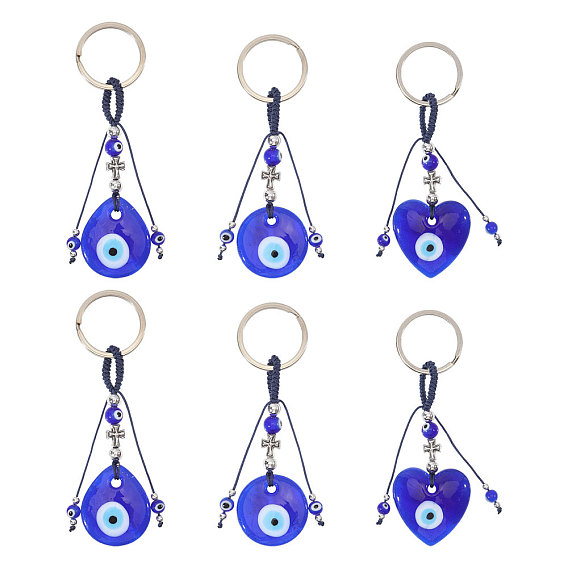 6 шт. 3 стили брелки ручной работы с лампами от сглаза, с бусинами из сплава и железными кольцами для ключей