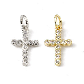 Brass Micro Pave Cubic Zirconia Charms, with Jump Rings, Religion Cross Charms