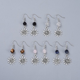 Estilo tibetano cuelga los pendientes de la aleación, con cuentas de piedras preciosas naturales y ganchos para pendientes de hierro, flor