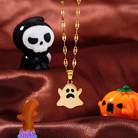 Halloween Stainless Steel Enamel Pendant Necklaces, with Golden Plated Dapped Chains for Unisex, Ghost