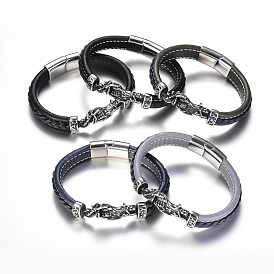 Men's Braided Leather Cord Bracelets, with 304 Stainless Steel Findings and Magnetic Clasps, Motorbike