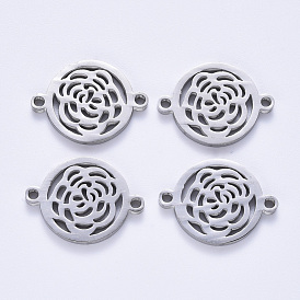 201 Stainless Steel Links Connectors, Laser Cut, Flat Round with Rose Flower
