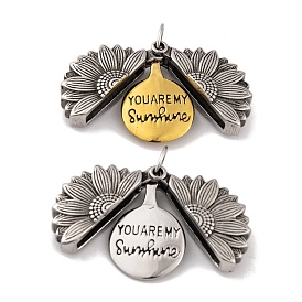 Openable 304 Stainless Steel Pendants, with Jump Ring, Flower with Word You Are My Sunshine