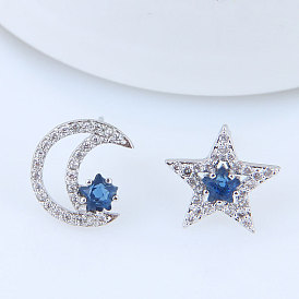 Asymmetrical Star and Moon Zirconia Earrings for Women's Fashion Jewelry