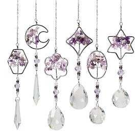 Natural Amethyst Chip Beaded Pendant Decoration, Glass Suncatchers, with Alloy & Iron Findings, Star/Moon/Flower