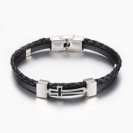 Leather Braided Cord Bracelets, with 304 Stainless Steel Finding, Rectangle with Cross