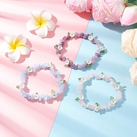 3Pcs Natural Rose Quartz & Dyed Aquamarine & Lepidolite Chip Beaded Stretch Bracelets for Women, with ABS Plastic Imitation Pearl Floral Beads