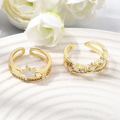 Brass Micro Pave Cubic Zirconia Enamel Cuff Rings for Women, Star, Long-Lasting Plated, Cadmium Free & Lead Free, Real 18K Gold Plated