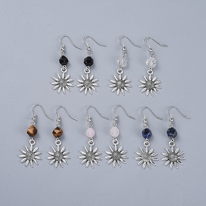 Estilo tibetano cuelga los pendientes de la aleación, con cuentas de piedras preciosas naturales y ganchos para pendientes de hierro, flor