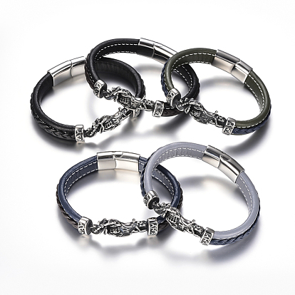Men's Braided Leather Cord Bracelets, with 304 Stainless Steel Findings and Magnetic Clasps, Motorbike