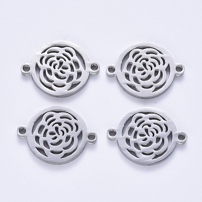 201 Stainless Steel Links Connectors, Laser Cut, Flat Round with Rose Flower