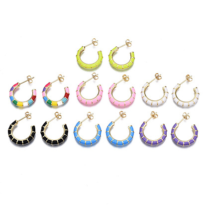Boucles d'oreilles demi-créoles en émail laiton, avec des noix de l'oreille, sans nickel, lettre c forme, réel 16 k plaqué or