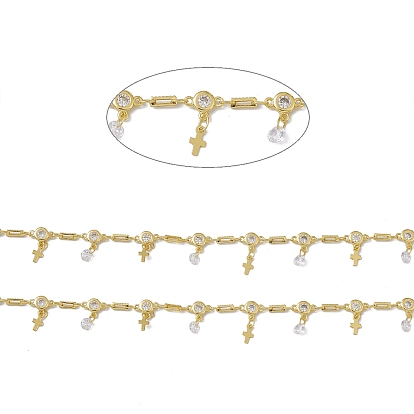 Brass Rectangle & Cubic Zirconia Flat Round Link Chains, with Cross Charms, with Spool, Soldered, Long-Lasting Plated, Cadmium Free & Nickel Free & Lead Free